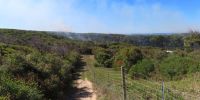A fire break road alongside a barbed wire fence, with scrub type trees to the left, and the smoke from a planned burn in the distance. 
