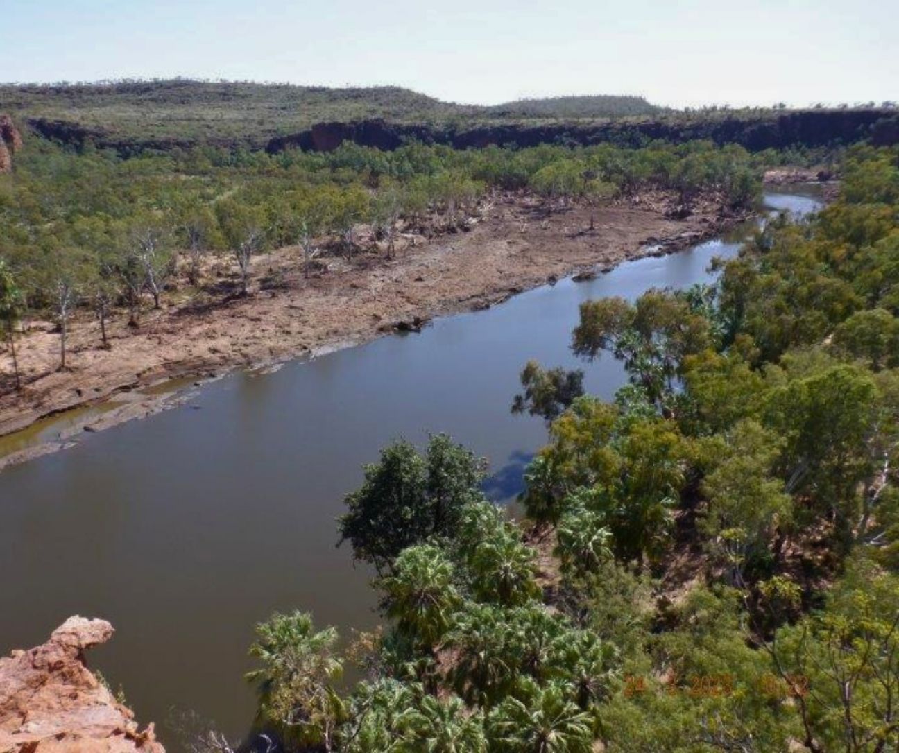 View from lookout looking down at river with vegetation missing from the riverbank edge. Red gorge cliffs in the background