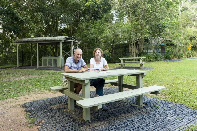 Two people sitting at a picnic table