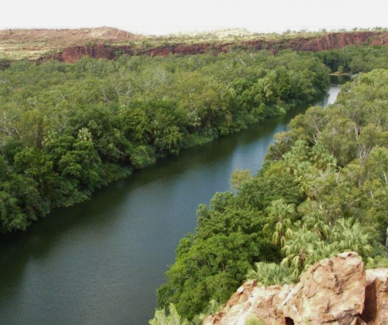 View from lookout looking down at river with lush green vegetation growing right up to riverbank edge. Red gorge cliffs in the background