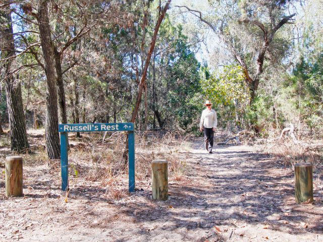 The Russell's Rest track meanders through cypress pine and melaleuca trees.