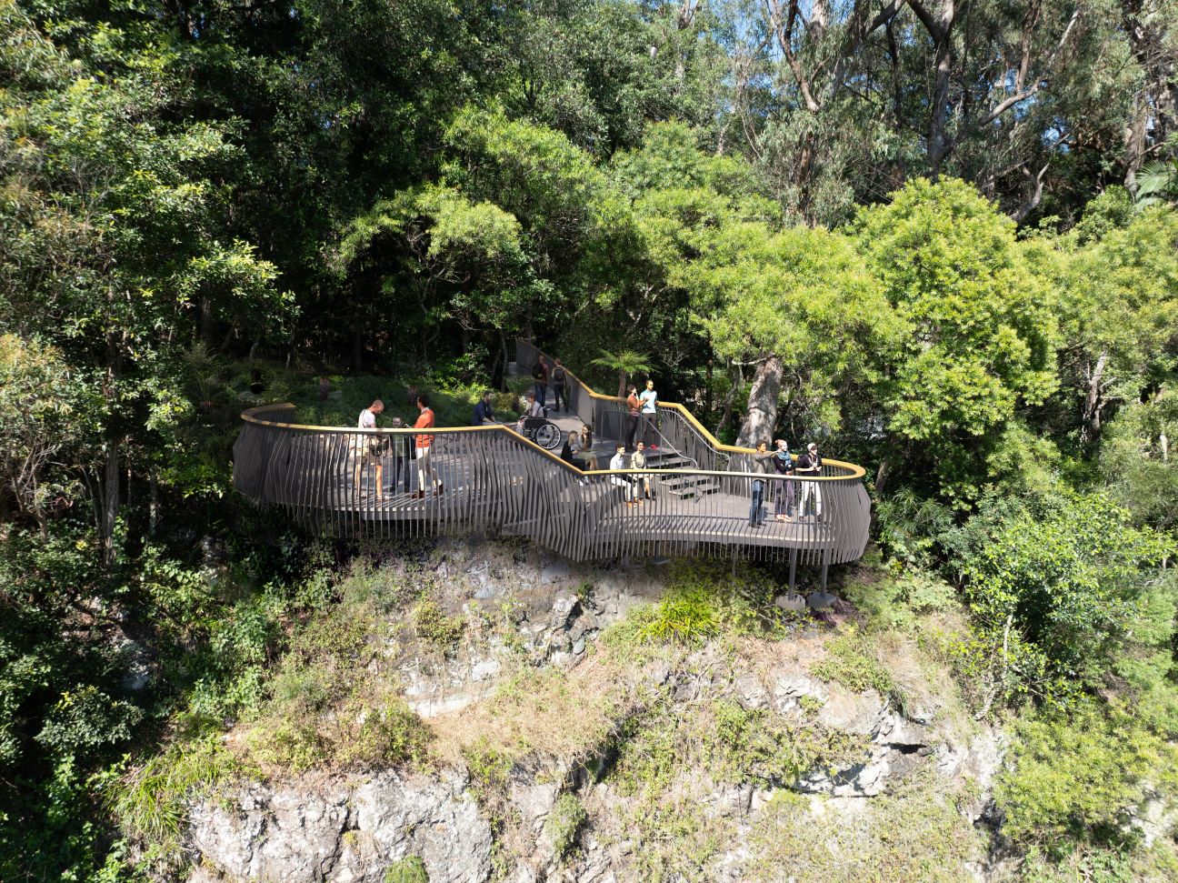 Photo of view of the eastern lookout on Purling Brook circuit with new lookout design superimposed over existing lookout