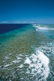 Aerial image of ribbon reefs which form a broken barrier along the edge of the continental shelf, near Lizard Island, Queensland.