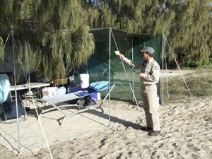 Image of a ranger checking a camping permit. Obtain camping permits before you set up camp and display them at your camp site.