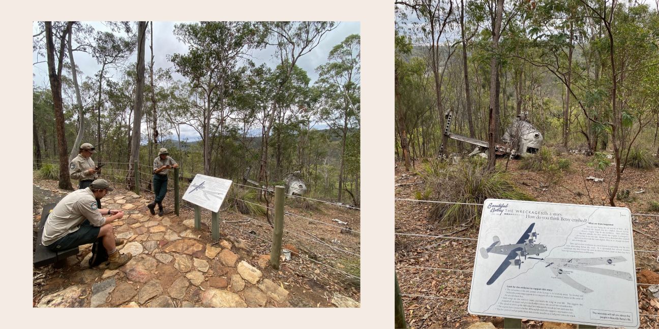Left to right: three rangers log data on various devices, Beautiful Betsy, a WWII Liberator bomber that crashed on the western side of the plateau in 1945.