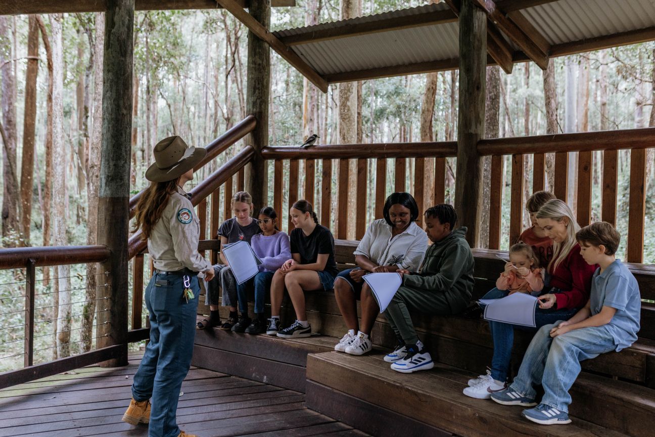 Photo of group of visitors engaging with koala education teacher packs.