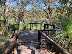 Take an easy walk to Kaboora (Blue Lake) viewing platform along the Kaboora 'deep silent pool' track in Naree Budjong Djara National Park.