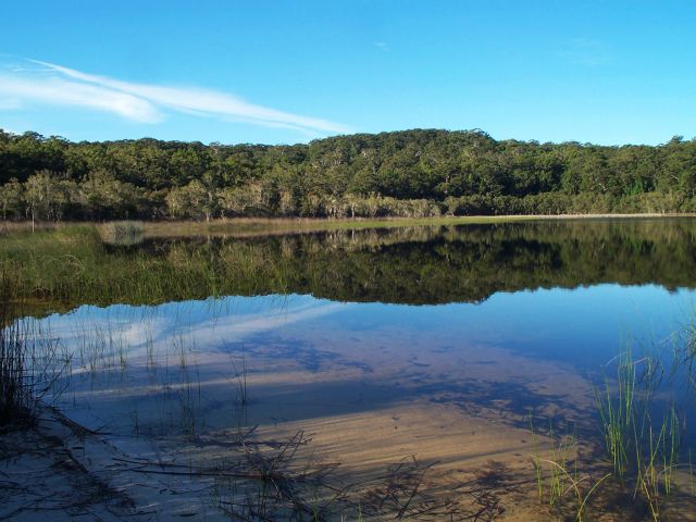 Crystal clear waters at the lake's edge reveal rippled sand and sedges.