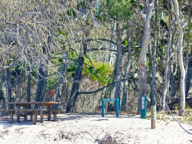 Take a seat at the picnic table at the end of the Russell’s Rest track.