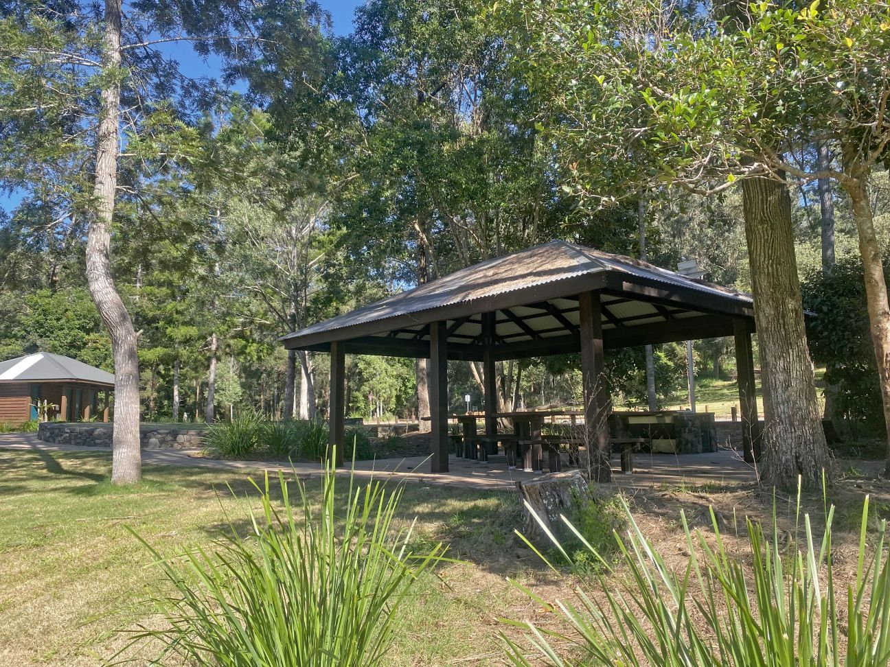 Concrete path leading to picnic tables underneath covered shelter, surrounded by grassy area and some tall trees.