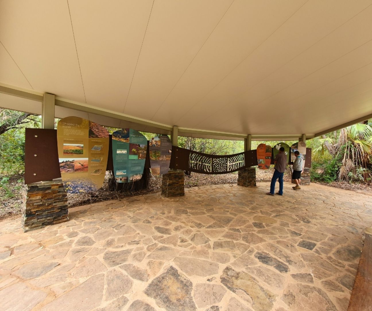 Sign structures under a shelter with 2 people reading the signs
