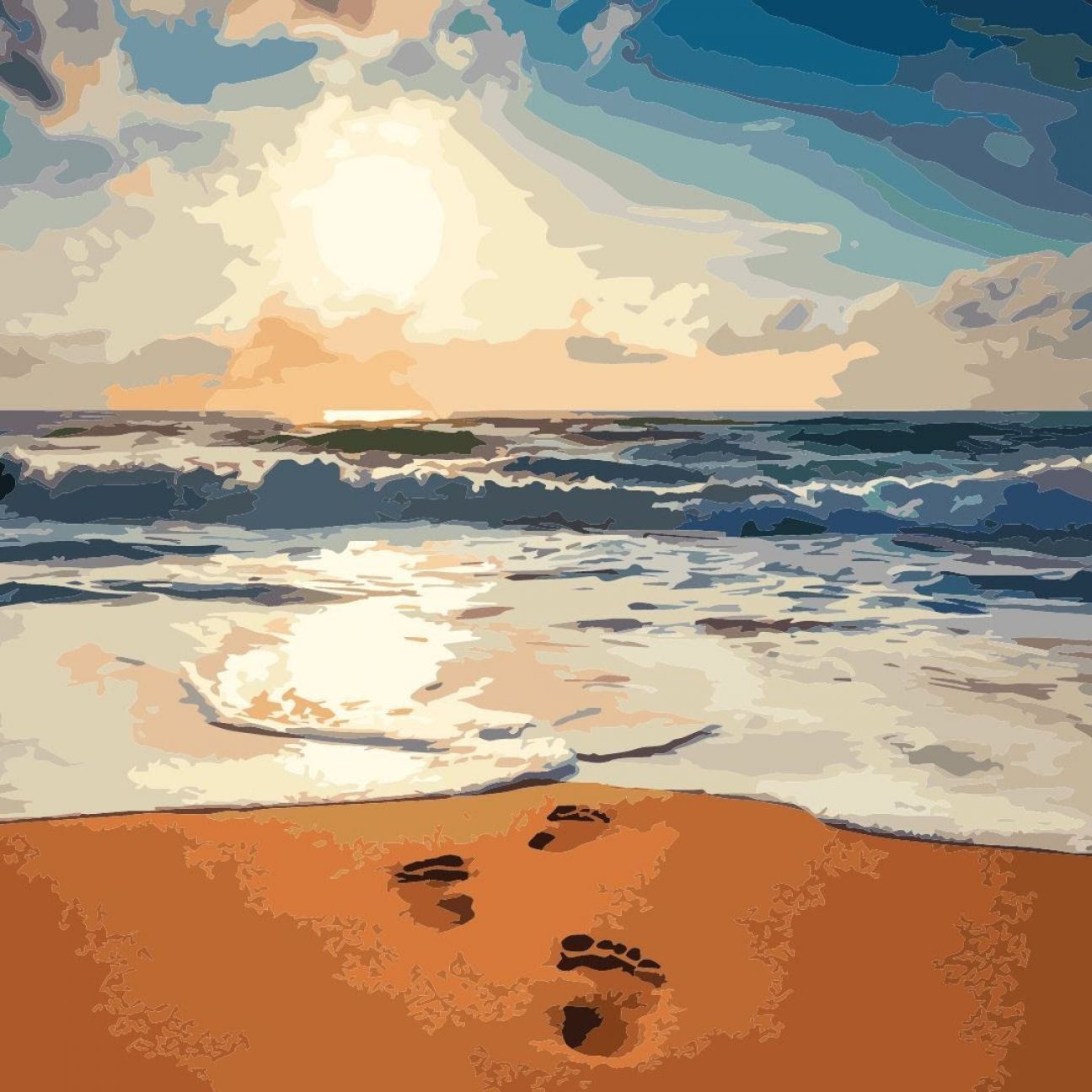 Stylised digital image of beach and ocean with footprints in the sand. 