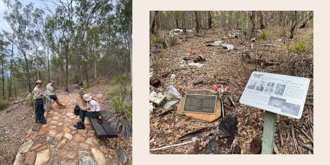 Left to right: three rangers log data on various devices, signage detailing the crew of Beautiful Betsy and their history