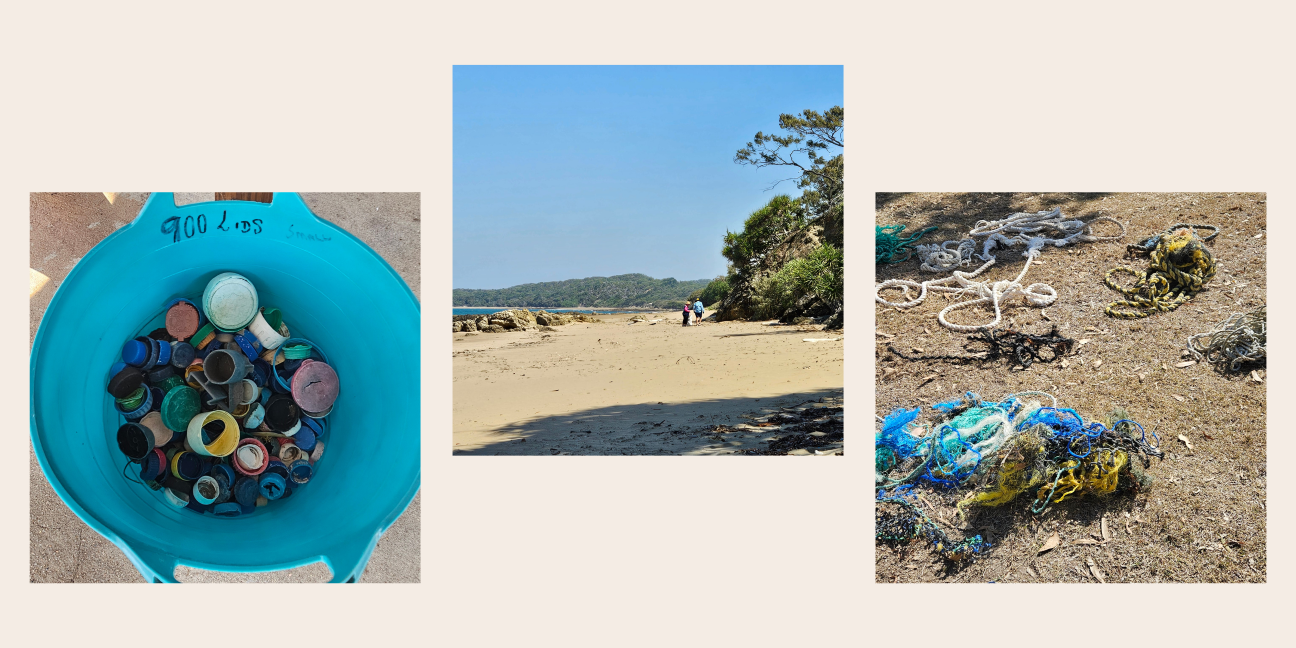 Rubbish collected during the clean-up, and people searching the beach for more rubbish.