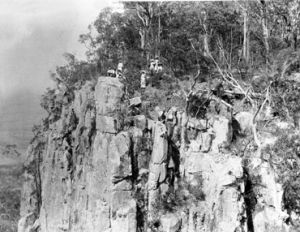 Looking back towards Logans lookout in the early 1900s, a group of intrepid walkers take in the view. 