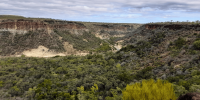 Looking down into a steep, vegetated valley.