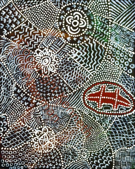 Aboriginal artwork, black, white with an ochre colour shield feature and other varied shaped motifs.