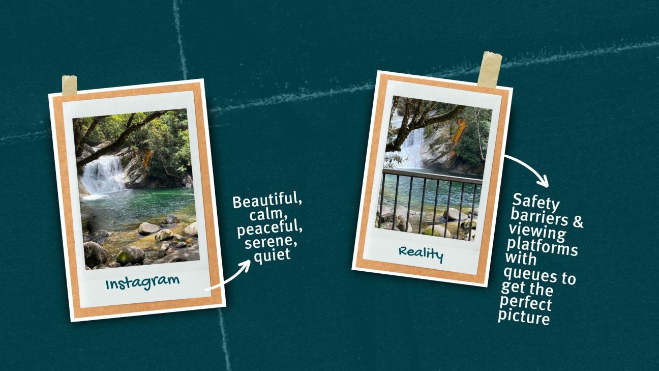 Graphic reading 'Instagram: beautiful, calm, peaceful, serene, quiet. & Reality: 'safety barriers & viewing platforms with queues to get the perfect picture'.