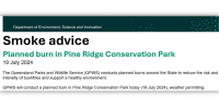 A snippet of a Smoke advice notification for the planned burn at Pine Ridge Conservation Park.
