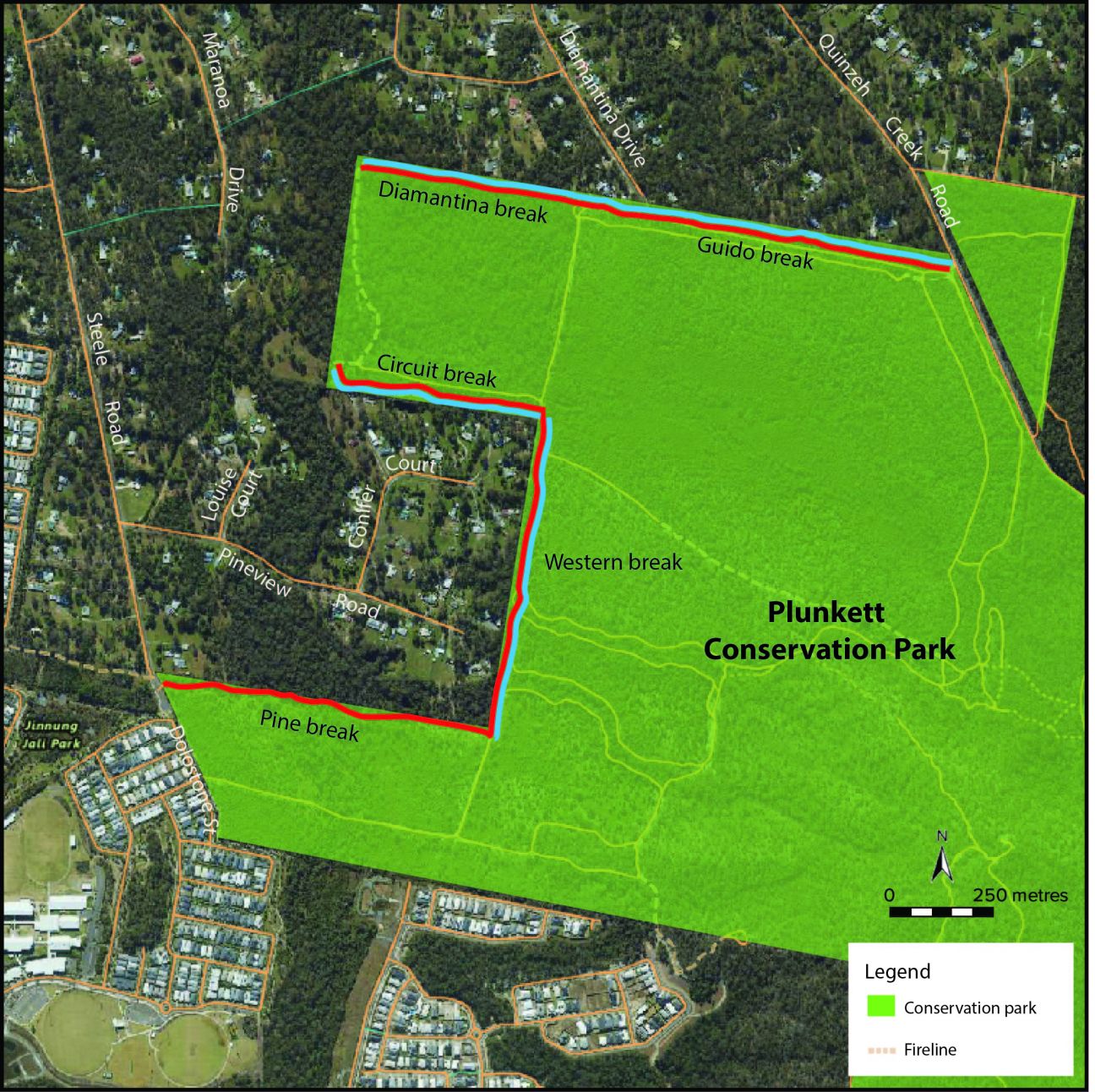 Image of Plunkett Conservation Park map with fireline upgrades indicated.