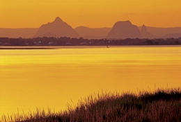 Image of the Glass House Mountains, from Pumicestone Passage.