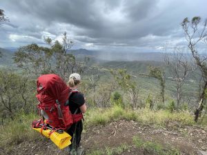 Image of the first day on the trail which is out in the open and all uphill. Pause often to catch your breath and take in the nature that surrounds you.