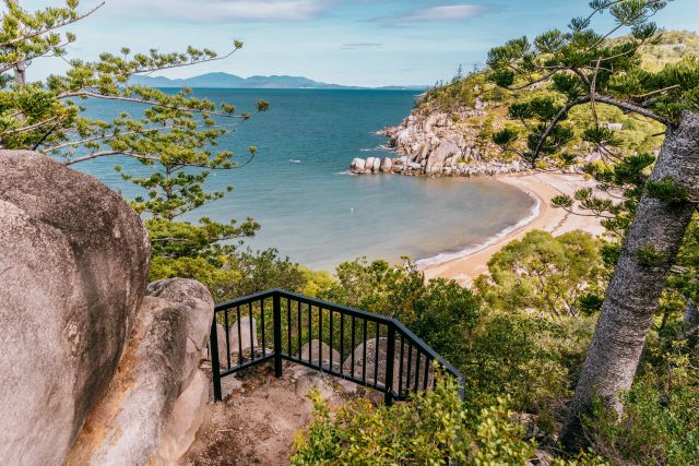View from the lookout over Arthur Bay with striking hoop pine granite boulder headlands. 