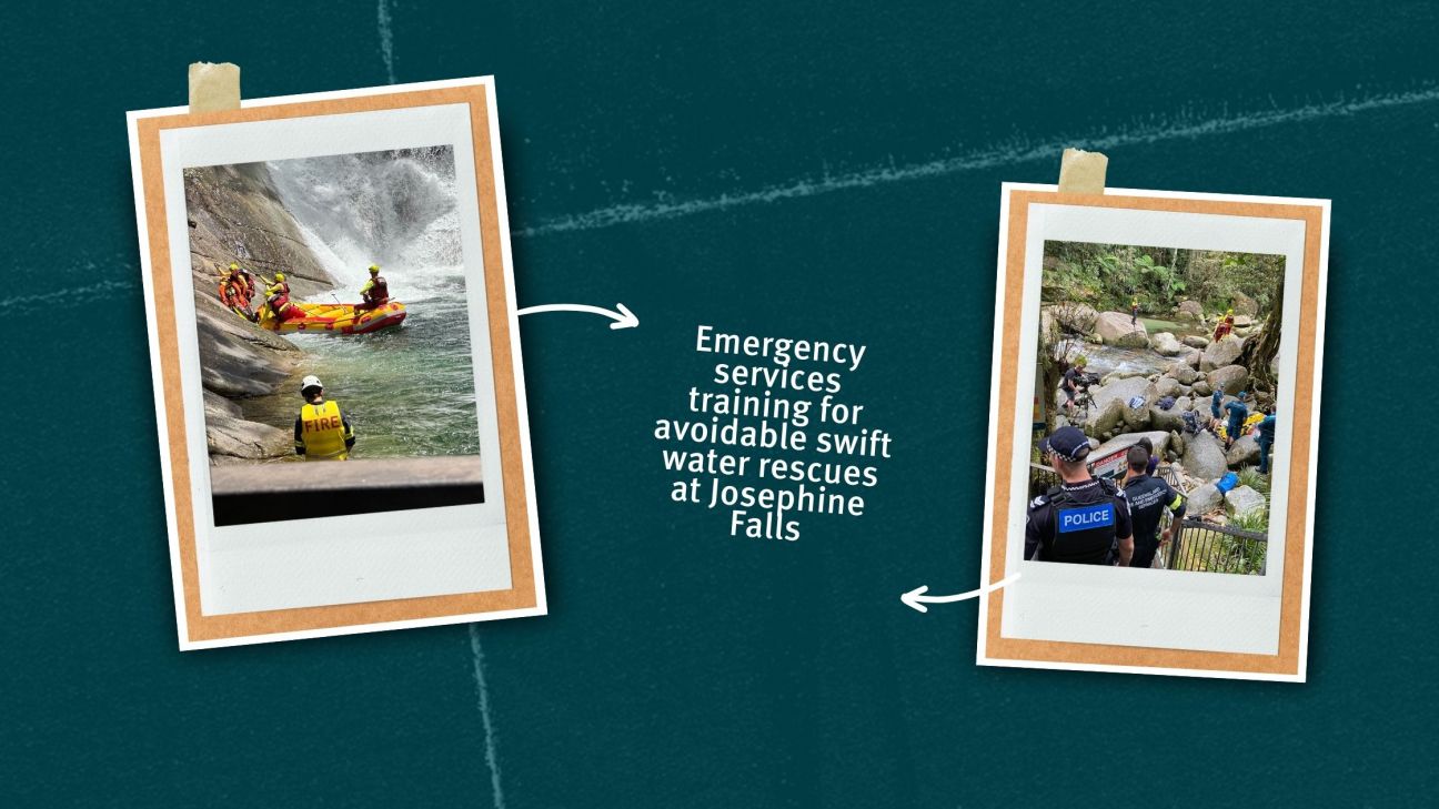 A graphic with two polaroid images of police and SES and QFES staff at Josephine Falls for a training operation.