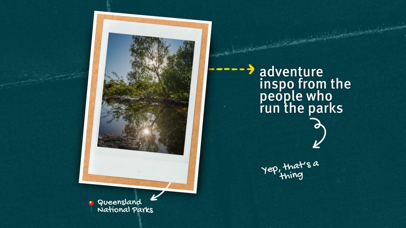 Graphic reading 'plenty to see and do on park in SEQ. Search parks.des.qld.gov.au for adventure inspo from the people who run the parks. Yep that's a thing.' Next to a polaroid of a lake scene.