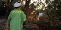 A Ranger in the background lights a fire while the Ranger in the foreground watches on.