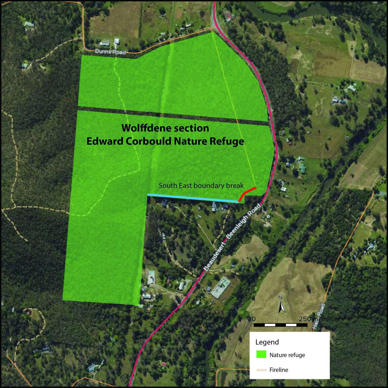 Image of Wolffdene section - Edward Corbould Nature Refuge map with fireline upgrade indicated.