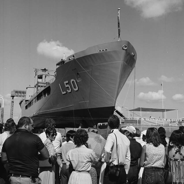 Launch of the Tobruk at Carrington slipways, 1980. Photo: © Commonwealth of Australia