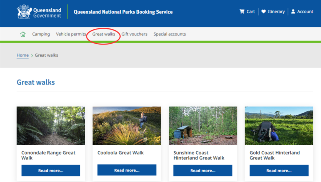 Screenshot of the main navigation for the Queensland National Parks Booking Service, with Great Walks circled