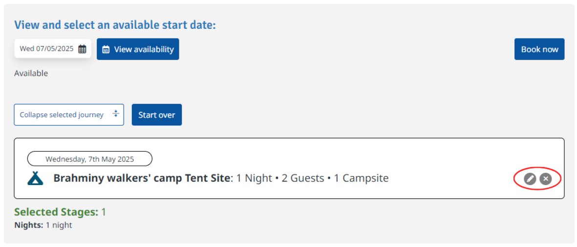 Screenshot of selected camp site with pen and x options circled