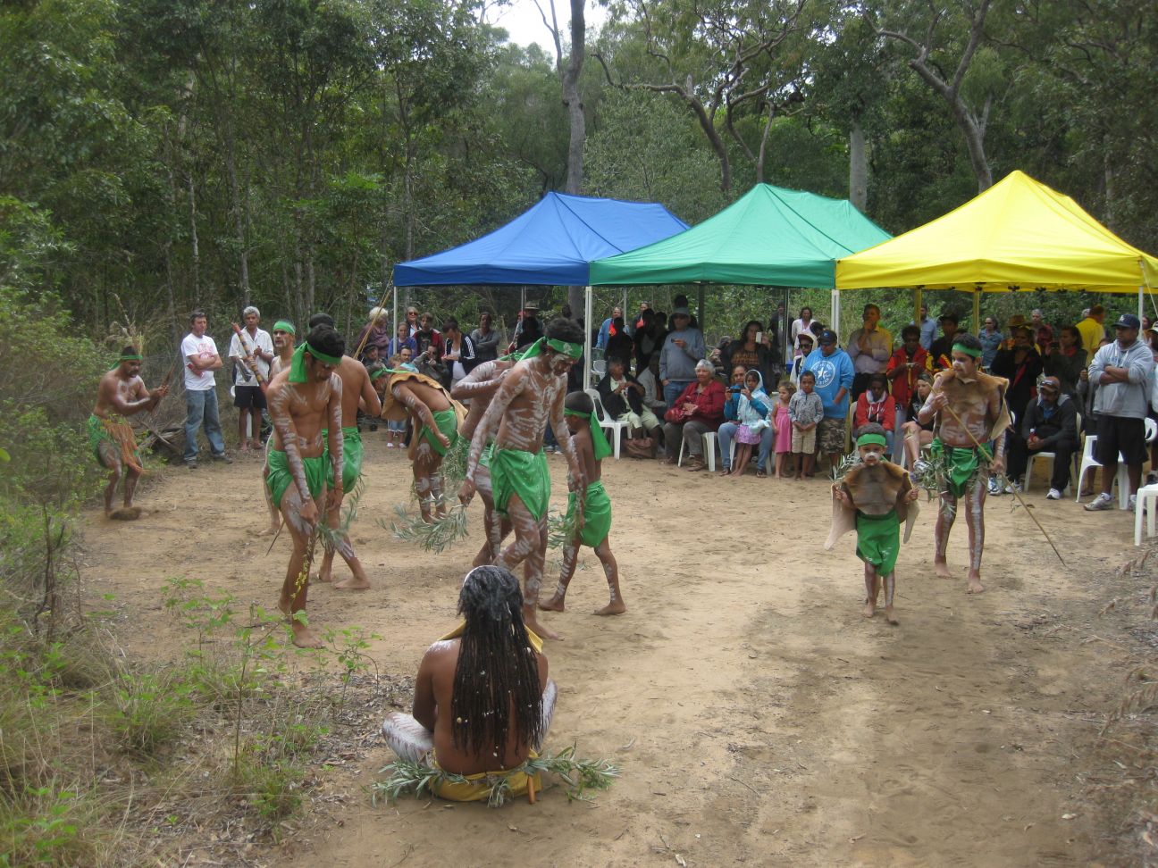 Scene of celebration in bushland setting. Aboriginal male dancers of various ages wearing green lap laps in cleared area in foreground. Large group of people sitting under three small colourful marquees watching dancers.