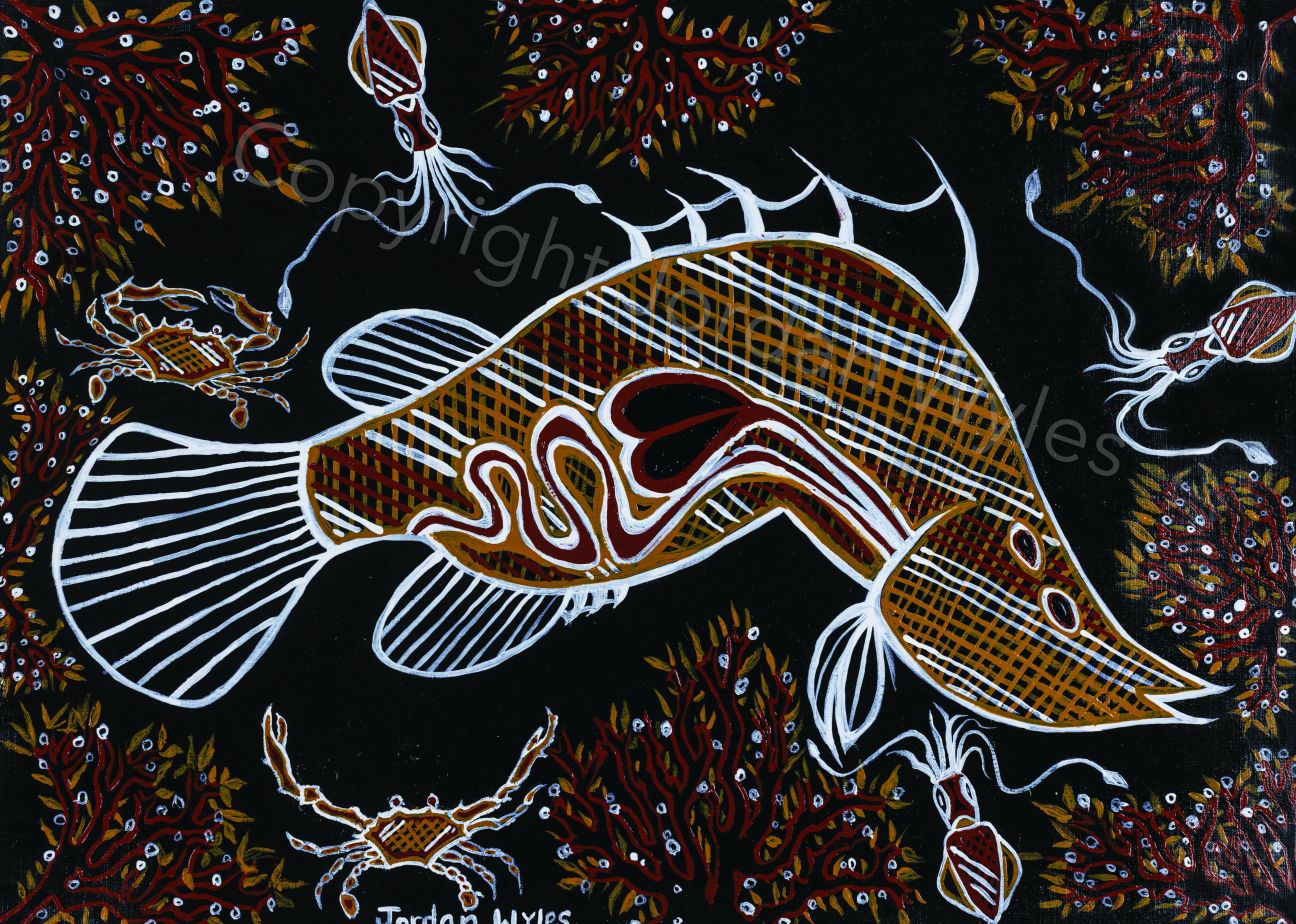 Aboriginal style artwork. Large fish in centre with red and orange linework and white outline. Fish surrounded by smaller crabs, squids and seaweed. Black background. 
