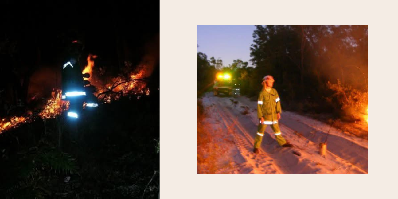 Left: Rob in the fire fighting uniform, the high visibility stripes a stark contrast to the dark background, fire behind him. Right: Rob in the fire uniform, standing on a fire trail with a drip torch in front of him