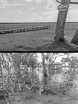 Lake Broadwater is not always full, and can be completely dry at times. Two extremes, from the late 1960s (top) and 1983 (bottom) are shown here. 