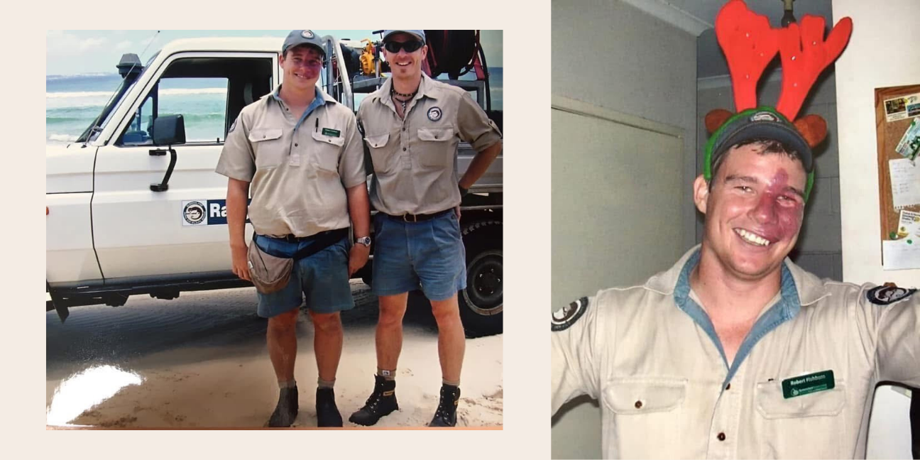 Left: Rob and another Ranger standing on the beach in front of a Ranger vehicle and smiling at the camera. Right: Rob in uniform with Christmas reindeer antlers on and smiling