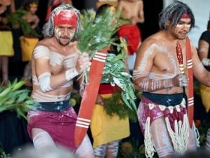 Quandamooka dancers share their stories about Minjerribah during the native title determination celebrations on Minjerribah. 