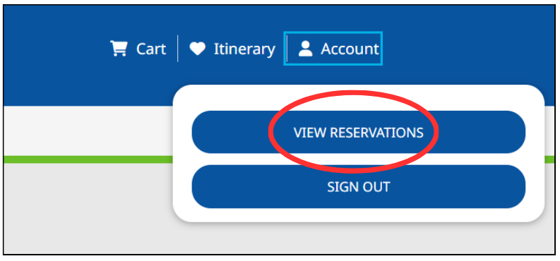 Screenshot of the account navigation with View Reservations circled 