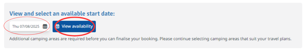 Screenshot of view and select an available start date section with view availability circled