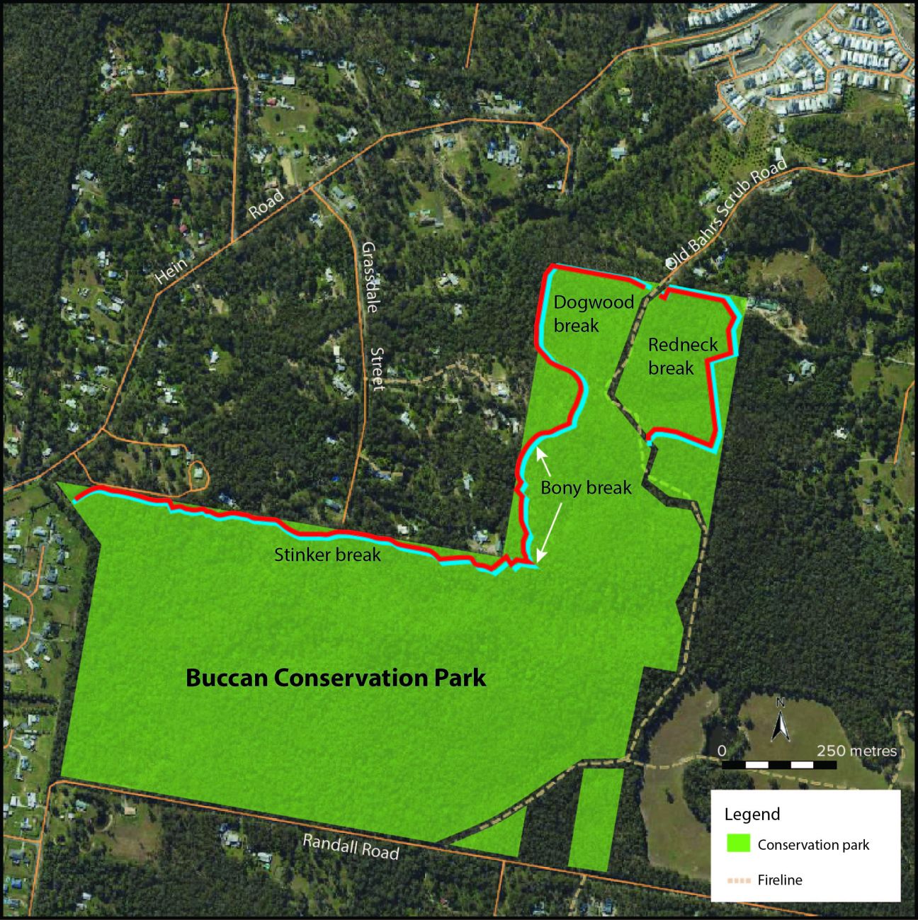 Image of Buccan Conservation Park map with fireline upgrades indicated.