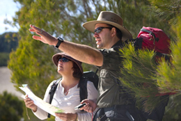 Photo of two walkers reading a map and looking into the distance.