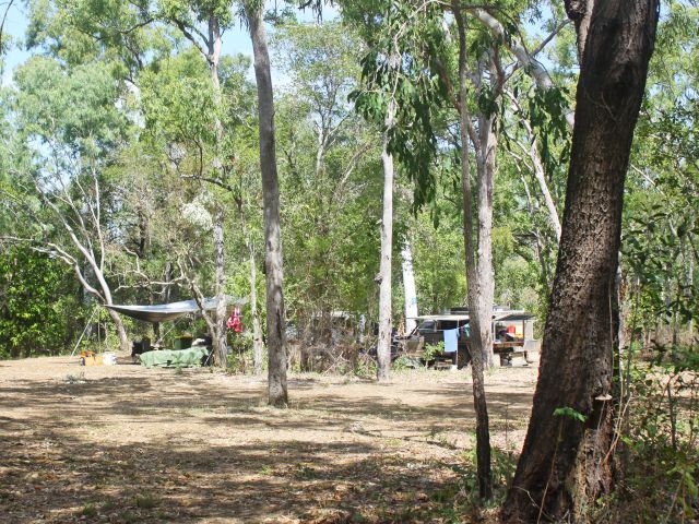 High on the western bank of a large, permanent waterhole is Hanushs Waterhole camping area.