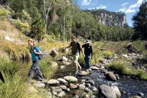 Two visitors and a guide cross a rocky creek in woodland.