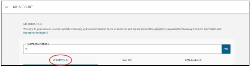 Screenshot of My bookings with the Upcoming filter circled 