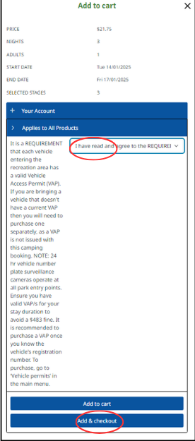 Screenshot of cart with add & checkout circled