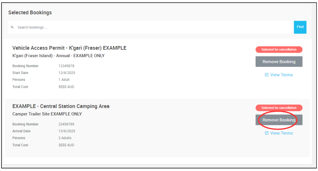 Screenshot of selected bookings with remove booking circled