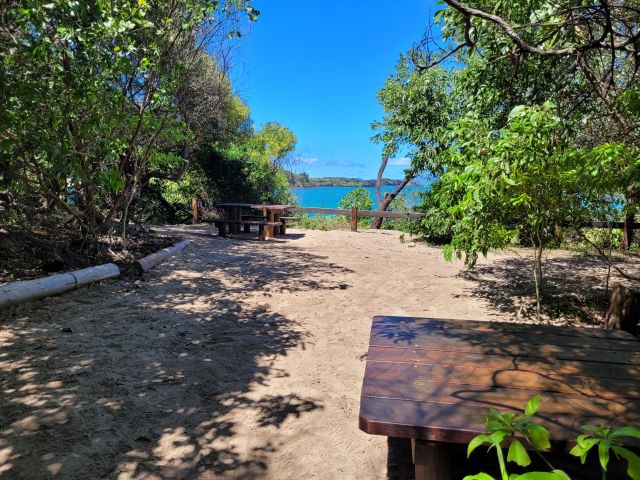 Photo of picnic tables and ocean views at Chance Bay, Whitsunday Island.